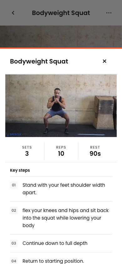 Bodyweight Squat how-to sheet with a MuscleWiki demo, reps, rest, and key steps