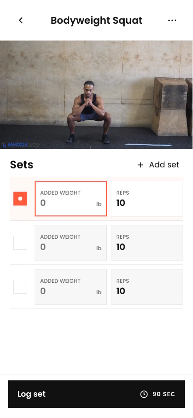 Bodyweight Squat workout screen with a MuscleWiki demo and editable set fields