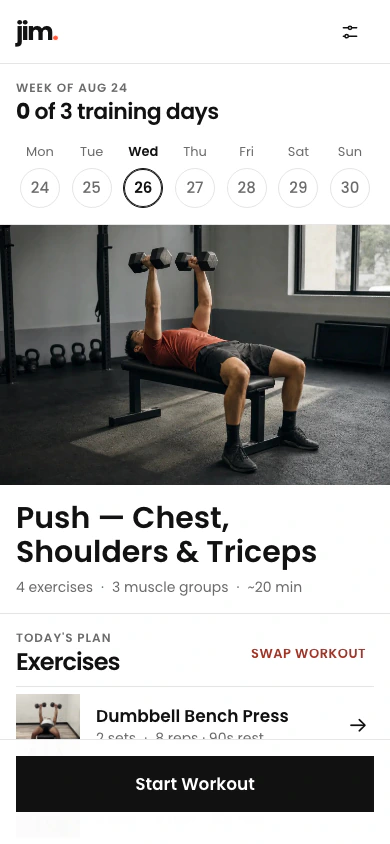 Jim workout overview for a push session with generated workout art and a Start Workout button